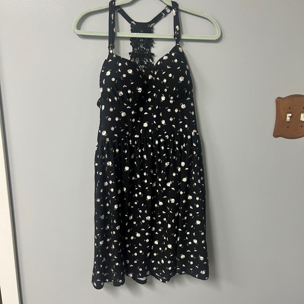 Black Daisy Floral Dress Crochet Lace Racerback‎ Pockets Large 11-13